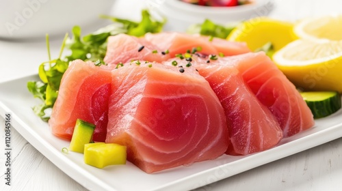 Raw tuna sashimi with fresh vegetables and lemon garnished on a white plate showcasing healthy culinary presentation and vibrant colors.