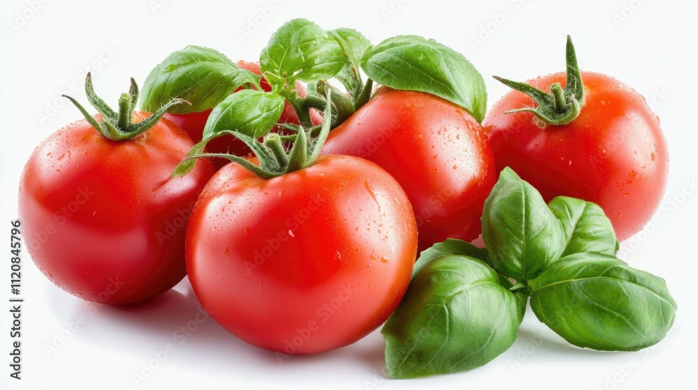 Fresh ripe tomatoes with vibrant basil leaves on a clean white background for culinary and food-related projects. Fresh ripe tomatoes with vibrant basil leaves on a clean white background for culinary and food-related projects.