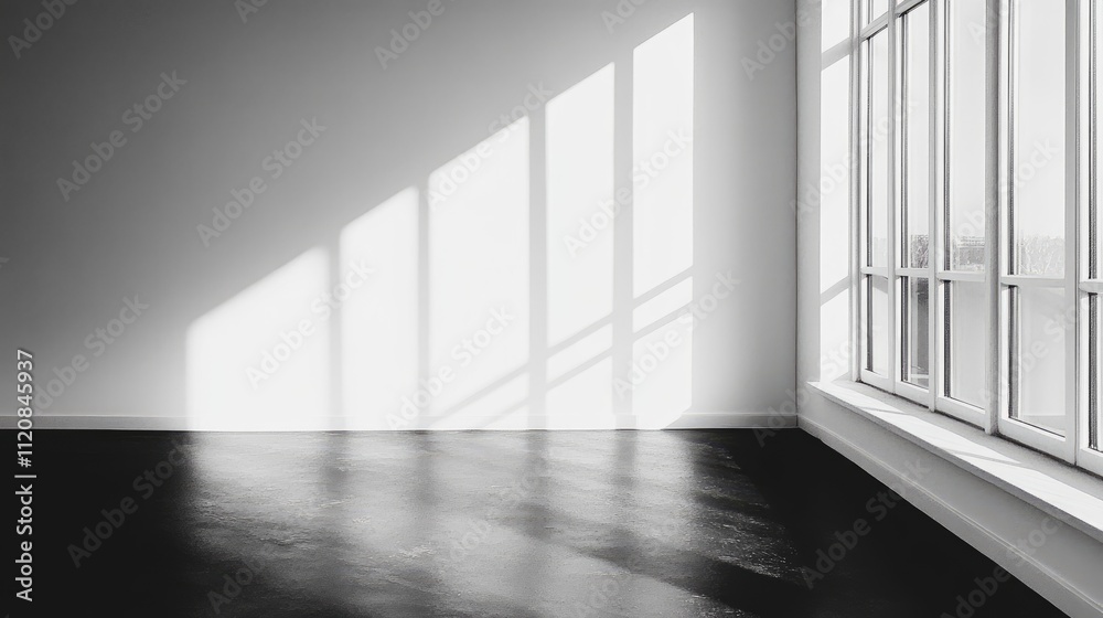 Monochromatic Interior with Gradation Black and White Wall and Sunlight Shadows on Floor from Large Windows Monochromatic Interior with Gradation Black and White Wall and Sunlight Shadows on Floor from Large Windows