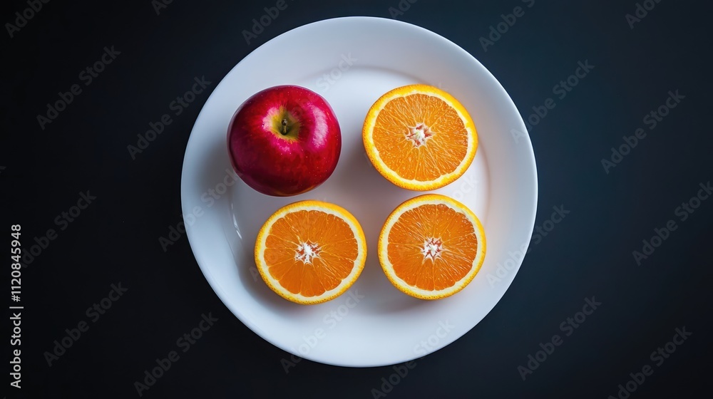 Sliced oranges and a whole red apple on a white plate against a dark background showcasing vibrant fruit colors and textures. Sliced oranges and a whole red apple on a white plate against a dark background showcasing vibrant fruit colors and textures.