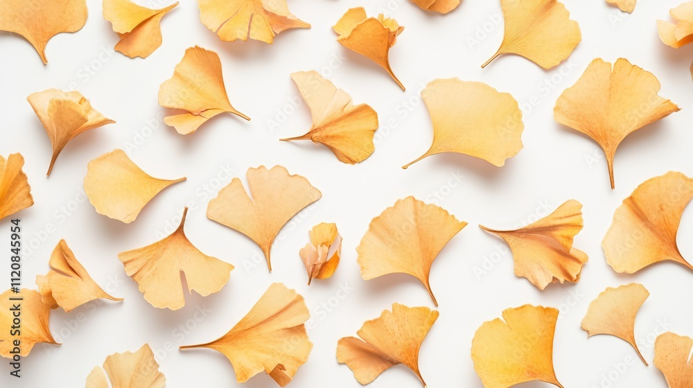 Ginkgo biloba leaves scattered on a clean white background showcasing their unique shapes and vibrant orange hues Ginkgo biloba leaves scattered on a clean white background showcasing their unique shapes and vibrant orange hues