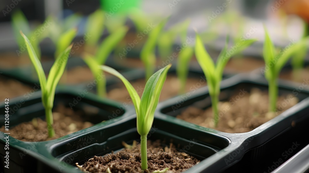 Vibrant Green Corn Seedlings Growing in Seedling Trays Surrounded by Rich Soil in a Bright Agricultural Environment Vibrant Green Corn Seedlings Growing in Seedling Trays Surrounded by Rich Soil in a Bright Agricultural Environment