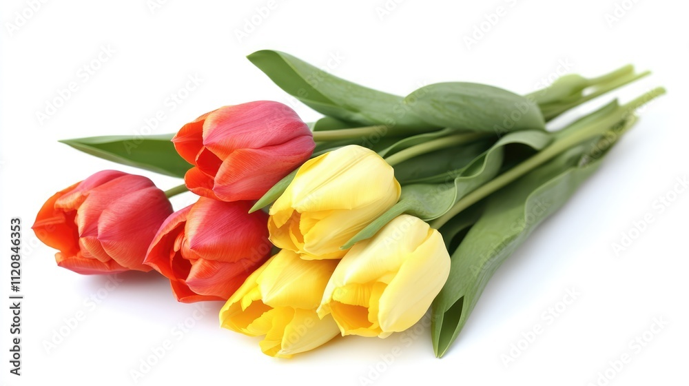 Vibrant bouquet of tulips in red and yellow hues showcasing spring beauty and freshness on a white background. Vibrant bouquet of tulips in red and yellow hues showcasing spring beauty and freshness on a white background.