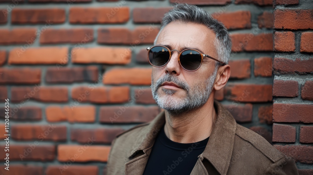 Handsome mature man wearing sunglasses posing against a rustic brick wall showcasing modern eyewear style and sophisticated charm Handsome mature man wearing sunglasses posing against a rustic brick wall showcasing modern eyewear style and sophisticated charm