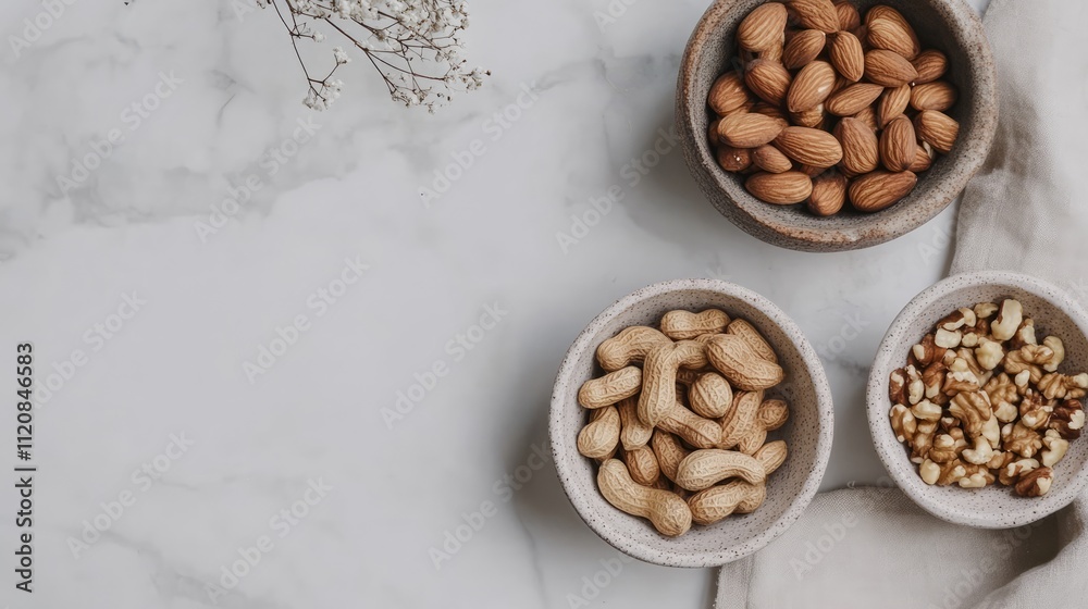 Assorted nuts in ceramic bowls arranged on a marble table with a minimalist aesthetic and natural elements for a healthy lifestyle theme Assorted nuts in ceramic bowls arranged on a marble table with a minimalist aesthetic and natural elements for a healthy lifestyle theme