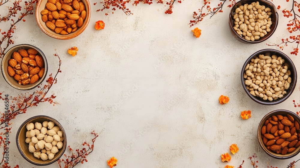 High angle view of assorted nuts in bowls on a rustic table with decorative elements for a healthy eating or snack concept High angle view of assorted nuts in bowls on a rustic table with decorative elements for a healthy eating or snack concept