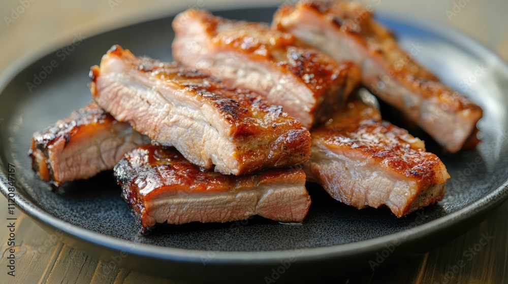 Grilled pork belly slices arranged on a black plate showcasing delicious caramelized texture and inviting presentation Grilled pork belly slices arranged on a black plate showcasing delicious caramelized texture and inviting presentation
