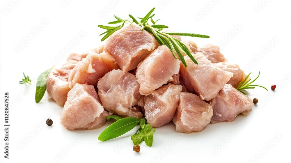 Raw meat cubes garnished with fresh herbs on a clean white background ready for culinary preparation and cooking recipes. Raw meat cubes garnished with fresh herbs on a clean white background ready for culinary preparation and cooking recipes.