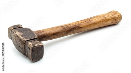 Vintage hammer with a wooden handle isolated on a white background showcasing its craftsmanship and wear over time. photo