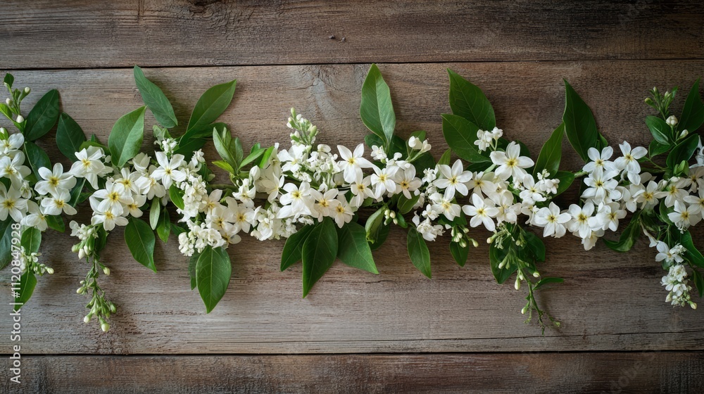 Jasmine flower garland beautifully arranged with green leaves on rustic wooden background for decorative or floral design use.