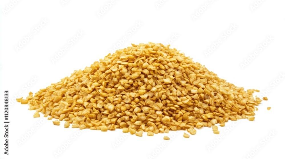 Heap of golden onion flakes isolated on a clean white background perfect for culinary or food product presentations Heap of golden onion flakes isolated on a clean white background perfect for culinary or food product presentations