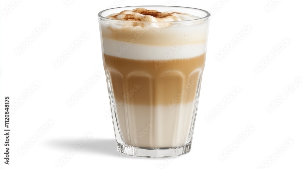 Iced coffee beverage with layered milk and foam served in a clear glass on a bright background for refreshing drink promotion. Iced coffee beverage with layered milk and foam served in a clear glass on a bright background for refreshing drink promotion.