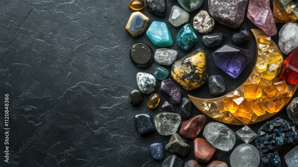 Colorful gemstones and moon amulet arranged on a dark background for spiritual healing and crystal ritual practices in an esoteric setting. Colorful gemstones and moon amulet arranged on a dark background for spiritual healing and crystal ritual practices in an esoteric setting.