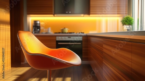 Modern wooden kitchen interior featuring sleek design elements and a vibrant orange chair for a stylish culinary experience