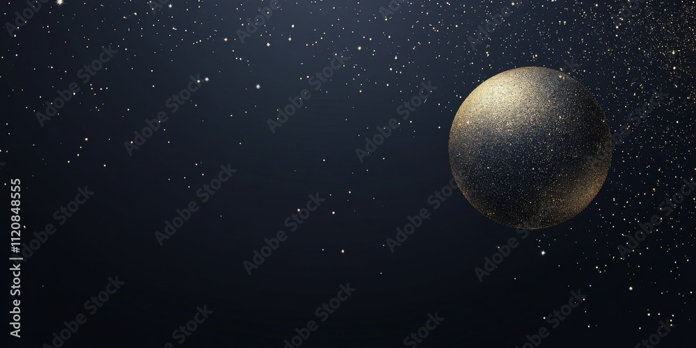 Obraz premium Cosmic Dust & Golden Planet: A celestial panorama of a golden planet against a dark blue sky, with glittering dust particles swirling around it, creating a sense of mystery and awe. 