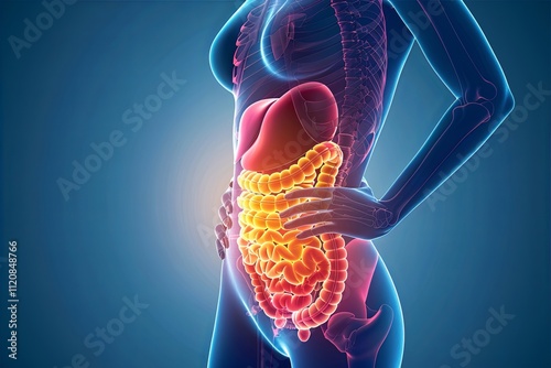 Visual representation of human digestive system anatomy highlighting internal organs in a female figure. Generative AI
