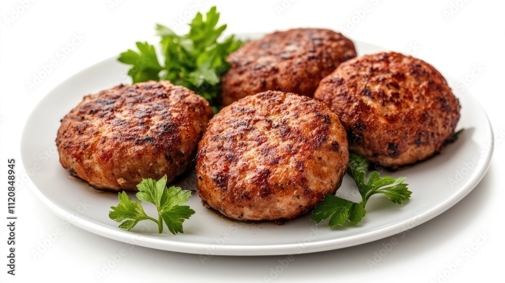 Grilled meat cutlets on a white plate garnished with fresh parsley isolated on white background Grilled meat cutlets on a white plate garnished with fresh parsley isolated on white background