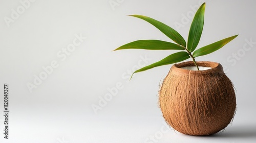 Decorative coconut with green leaf in clay pot symbolizing Indian festival Akshaya Tritiya on minimalistic white background photo