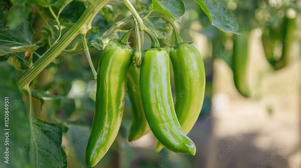 Fresh green chili peppers growing in a greenhouse showcasing vibrant produce in a sustainable agricultural setting with selective focus. Fresh green chili peppers growing in a greenhouse showcasing vibrant produce in a sustainable agricultural setting with selective focus.