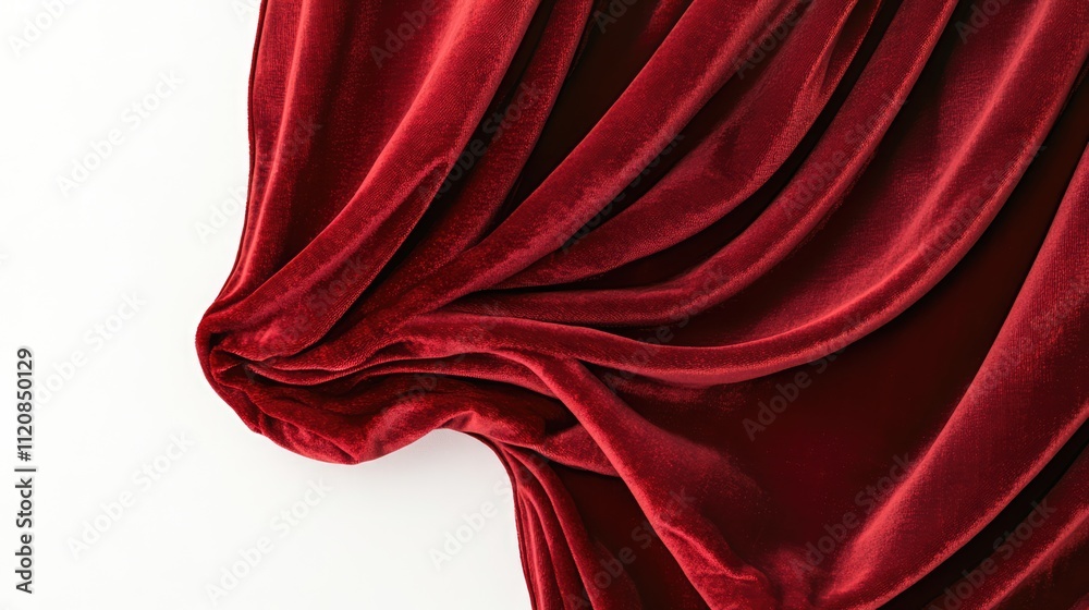 Classic red velvet theater curtain draping elegantly against a clean white background showcasing rich texture and vibrant color details Classic red velvet theater curtain draping elegantly against a clean white background showcasing rich texture and vibrant color details
