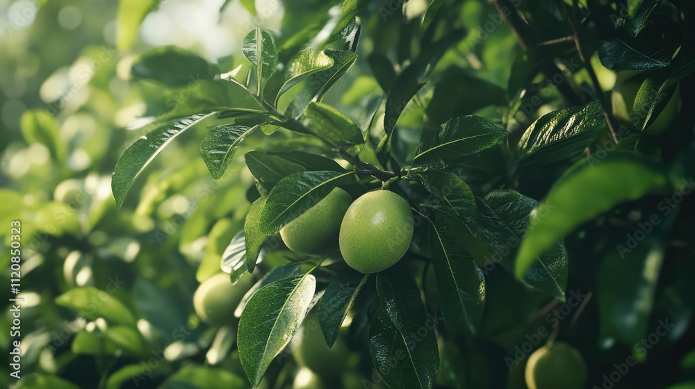 Lush guava tree abundantly bearing ripe green fruits among vibrant foliage in a sunlit garden setting. Lush guava tree abundantly bearing ripe green fruits among vibrant foliage in a sunlit garden setting.