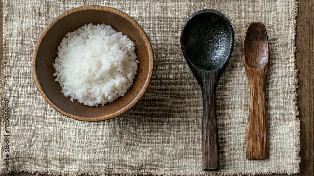 Japanese ohitsu wooden rice container with rice ladle and bowl on rustic linen backdrop showcasing traditional dining essentials. Japanese ohitsu wooden rice container with rice ladle and bowl on rustic linen backdrop showcasing traditional dining essentials.