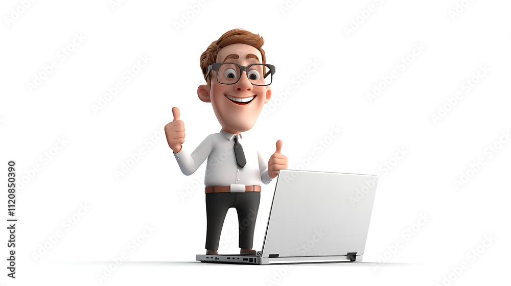 A man with glasses and a tie is giving a thumbs up to a laptop A man with glasses and a tie is giving a thumbs up to a laptop