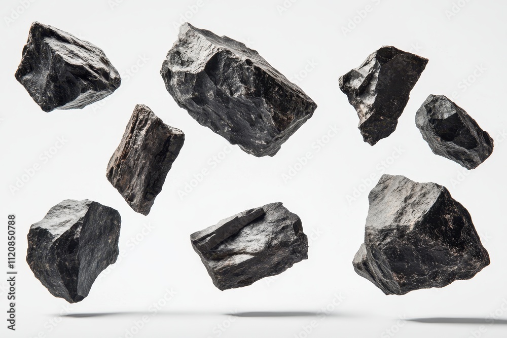 Naklejka premium A group of dark rugged rocks floating in mid-air against a white background