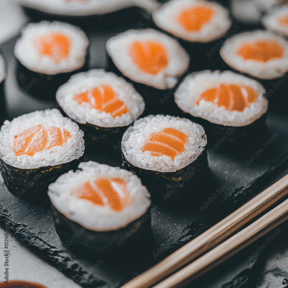 Fresh Salmon Sushi Rolls on Black Slate Plate for Culinary Art Fresh Salmon Sushi Rolls on Black Slate Plate for Culinary Art