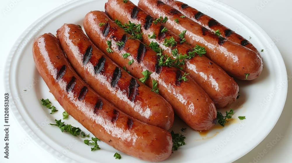 Grilled sausages with marks and fresh herbs on a white plate showcasing a delicious gourmet dish top view Grilled sausages with marks and fresh herbs on a white plate showcasing a delicious gourmet dish top view