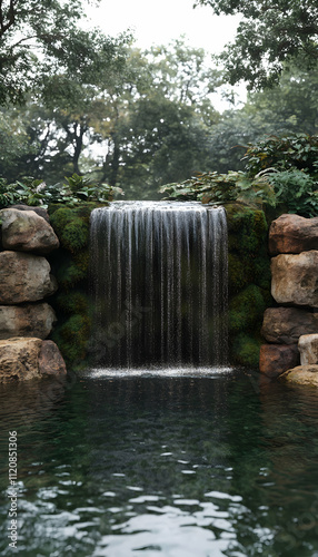 Serene waterfall cascading into a tranquil pond, surrounded by lush greenery and moss-covered rocks.
