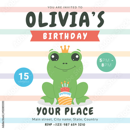 Greeting and invitation for kids Birthday party. Cute baby frog in flat childrens style. Vector illustration, design for card, poster, event, prints