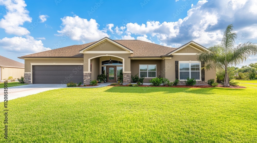 Modern home exterior with lush green lawn showcasing recent renovations and enhanced curb appeal under a bright blue sky. Modern home exterior with lush green lawn showcasing recent renovations and enhanced curb appeal under a bright blue sky.