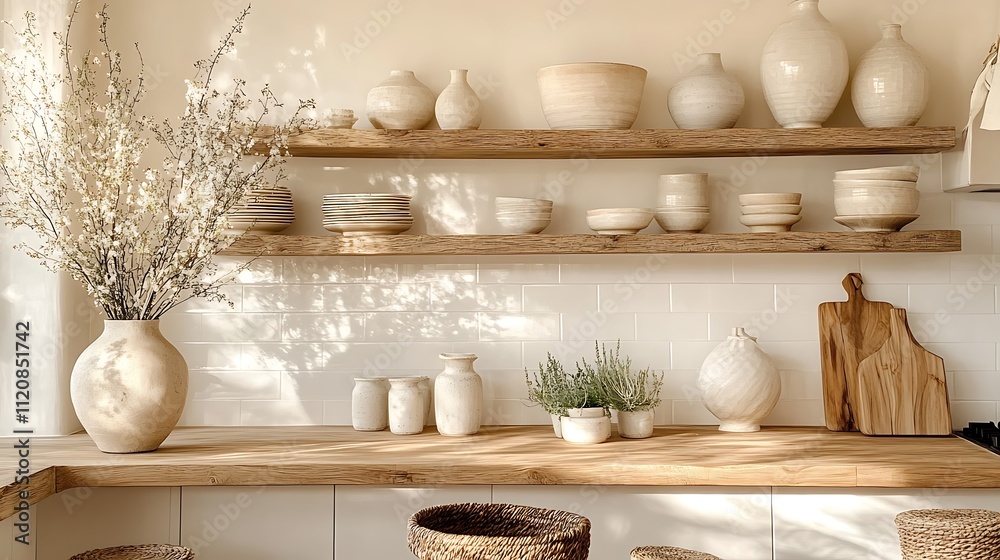 A contemporary rustic kitchen with butcher block counters, bright subway tiles, open wooden shelves decorated with plants and ceramics, cozy lighting, A contemporary rustic kitchen with butcher block counters, bright subway tiles, open wooden shelves decorated with plants and ceramics, cozy lighting,
