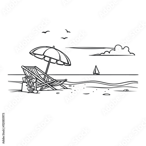 cartoon beach. Drawing with line art. Simple design. You can give color you want. Vector illustration