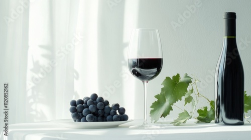 Elegant red wine glass beside a bottle and fresh black grapes on a white table with soft natural light and greenery for a sophisticated ambiance photo