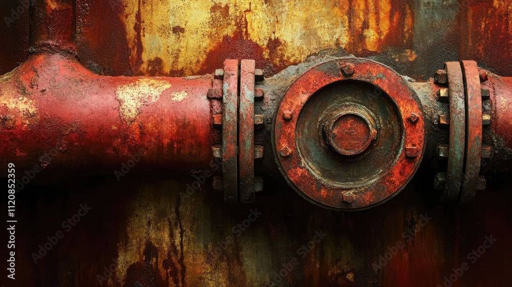 Textured Rusty Red Urban Water Pipe with Bold Metal Fittings on Weathered Surface Textured Rusty Red Urban Water Pipe with Bold Metal Fittings on Weathered Surface