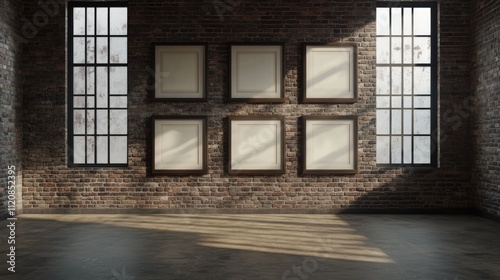 Loft living room interior in retro vintage style featuring empty picture frames on an exposed brick wall with natural light streaming in