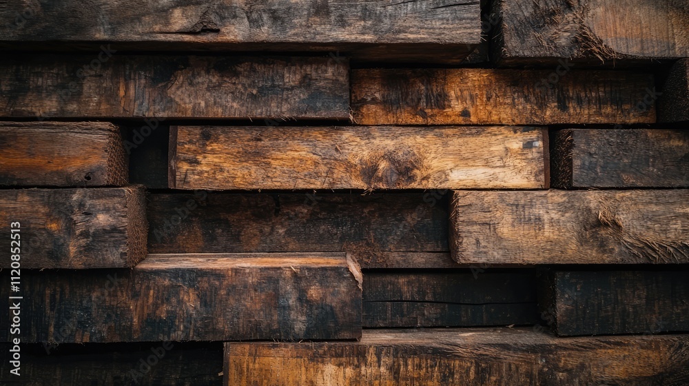 Close-up of stacked rustic wooden boards showcasing rich textures and grain patterns ideal for carpentry and interior design projects Close-up of stacked rustic wooden boards showcasing rich textures and grain patterns ideal for carpentry and interior design projects