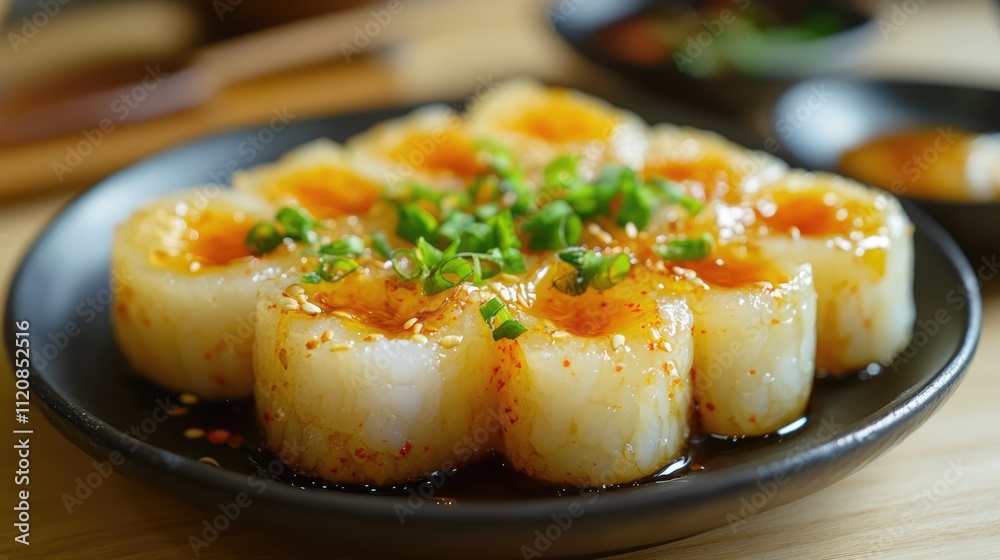 Korean Songpyeon Rice Cake with Honey Filling and Garnished with Green Onions on a Black Plate Korean Songpyeon Rice Cake with Honey Filling and Garnished with Green Onions on a Black Plate