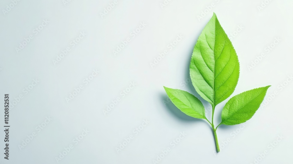 Fototapeta premium Fresh green leaf on a soft white background symbolizing nature and tranquility for eco-friendly concepts and designs.