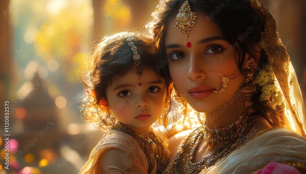 Mother and Child in Traditional Indian Attire, Serene Atmosphere, Warmly Lit Room, Oil Painting Style, Soft Golden Light, Cultural Celebration Mother and Child in Traditional Indian Attire, Serene Atmosphere, Warmly Lit Room, Oil Painting Style, Soft Golden Light, Cultural Celebration