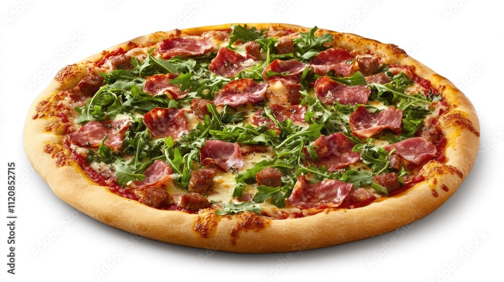 Italian prosciutto and arugula pizza topped with fresh greens and savory meat on a golden crust against a white background Italian prosciutto and arugula pizza topped with fresh greens and savory meat on a golden crust against a white background