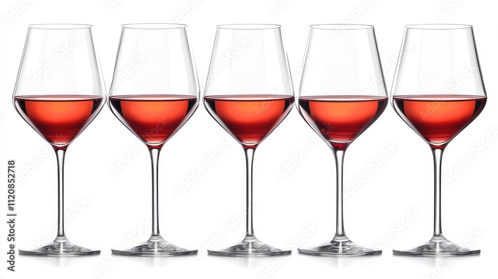 Elegant row of five glasses filled with rich red wine showcasing clarity and depth on a pristine white background. Elegant row of five glasses filled with rich red wine showcasing clarity and depth on a pristine white background.