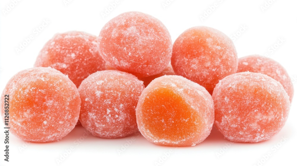 Peach flavored bonbons stacked on a bright white background highlighting their sugary coating and vibrant color Peach flavored bonbons stacked on a bright white background highlighting their sugary coating and vibrant color