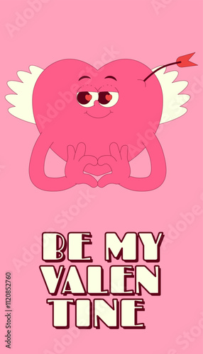 Vertical stories template with lovely heart character with wings in retro groovy style. Social media post with psychedelic mascot. Be my Valentine. Vector poster