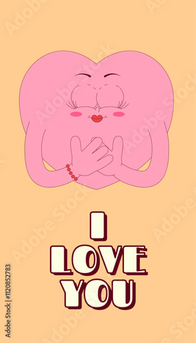 Vertical stories template with lovely heart character in retro groovy style. Social media post with psychedelic mascot. I Love you. Vector poster