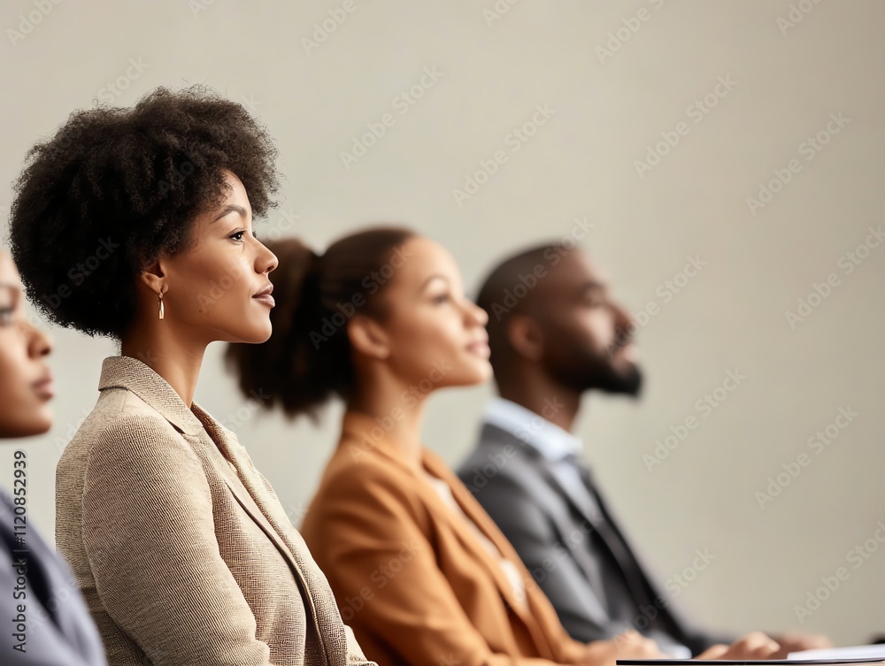 Fototapeta premium Diverse professionals attentively listening in a business meeting.