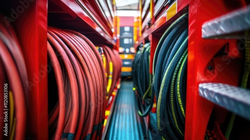 Hoses organized on a fire truck highlighting emergency equipment and readiness for firefighting operations in a vibrant and functional setting photo