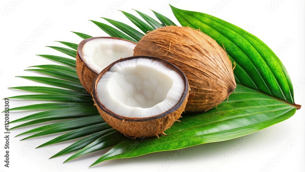 Coconut on Green Leaf, Isolated Brown Coconut Fruit on White Background, Clip Art Illustration for Icons and Graphics, Perfect for Tropical Themes and Natural Products Coconut on Green Leaf, Isolated Brown Coconut Fruit on White Background, Clip Art Illustration for Icons and Graphics, Perfect for Tropical Themes and Natural Products